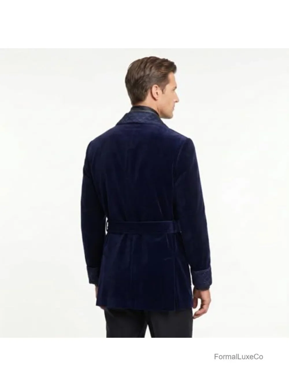 Men's Velvet Smoking Jacket with Quilted Shawl Collar & Belt